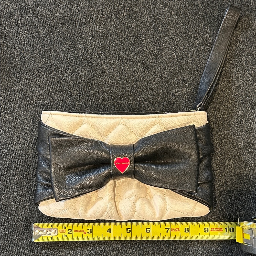 Betsey Johnson Black and Cream Quilted Bow Wristlet Clutch